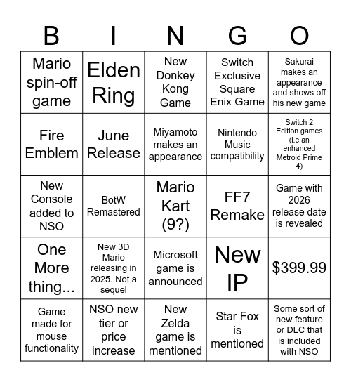 Nintendo Switch 2 Direct Bingo Card