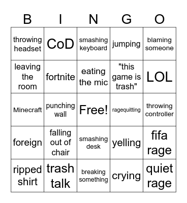 gamer rage Bingo Card