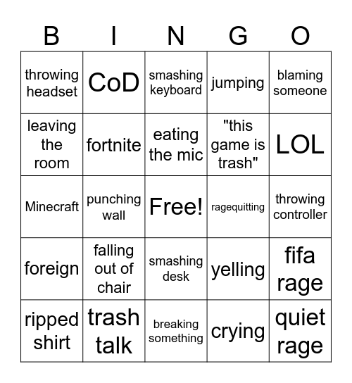gamer rage Bingo Card