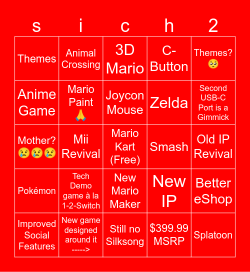 Nintendo Switch 2 Direct Bingo Card