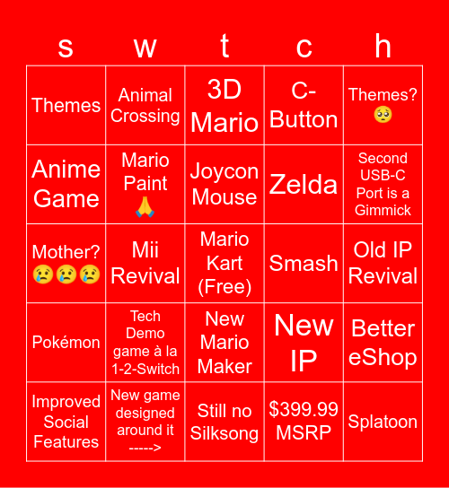 Nintendo Switch 2 Direct Bingo Card