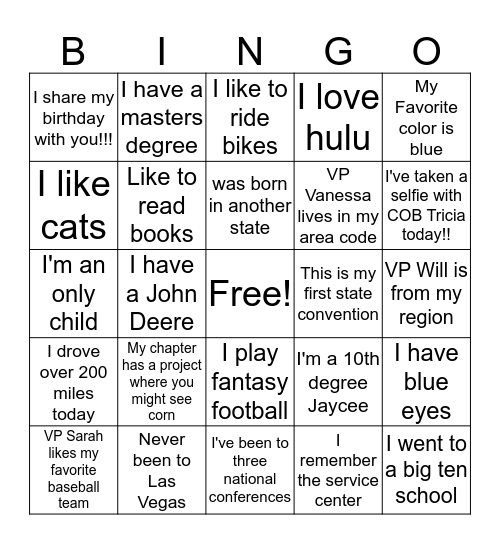Jaycees Network Bingo Card