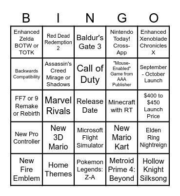 2024 Switch 2 Bingo Card Bingo Card