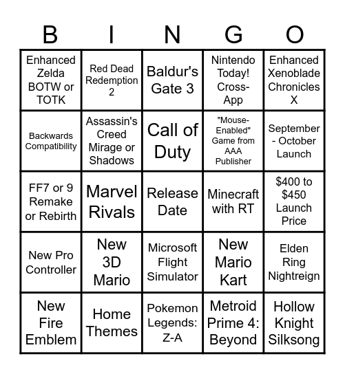 2024 Switch 2 Bingo Card Bingo Card