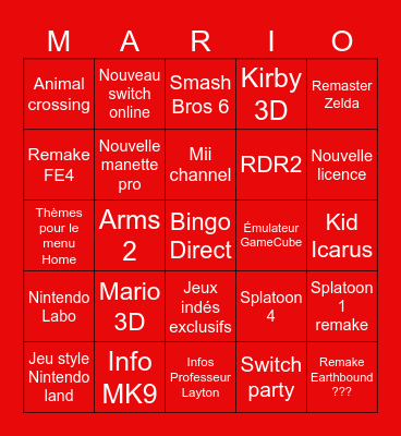 Prédictions Nintendo Direct Bingo Card