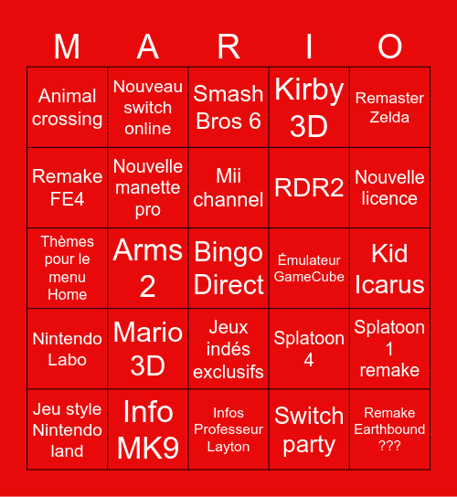 Prédictions Nintendo Direct Bingo Card
