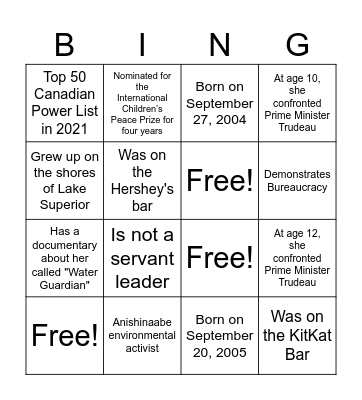 TRUE or FALSE Autumn Peltier Bingo Card