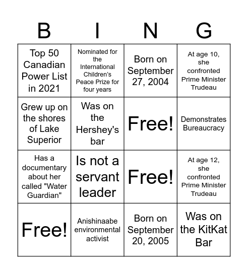 TRUE or FALSE Autumn Peltier Bingo Card