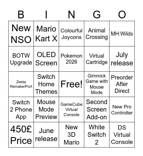 Nintendo Switch 2 Direct Bingo Card