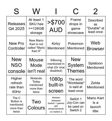 Switch 2 Bingo Card