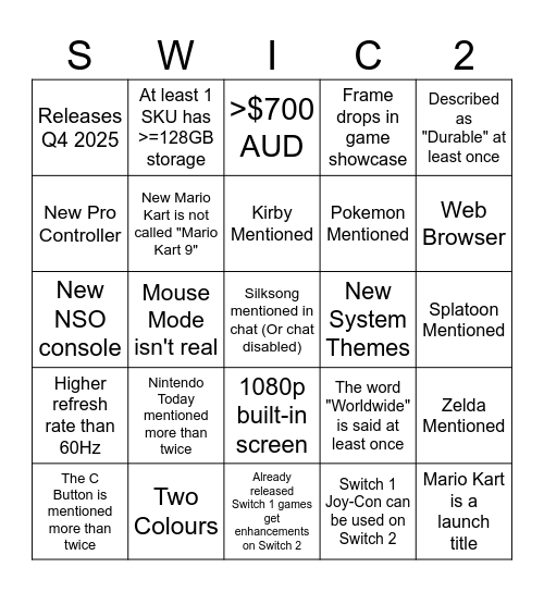 Switch 2 Bingo Card