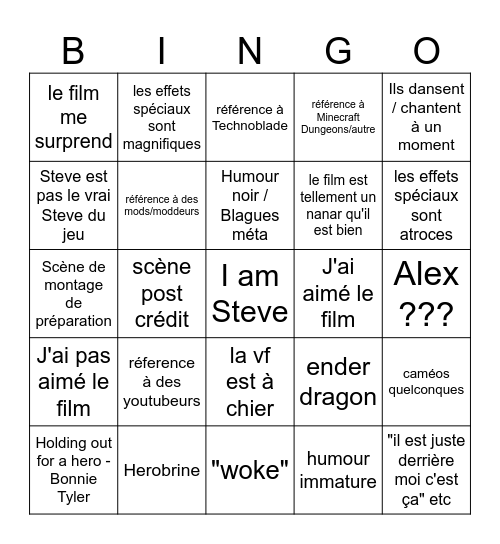 Minecaft movie bingo Card