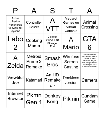 Nintendo Direct: Switch 2 Bingo Card