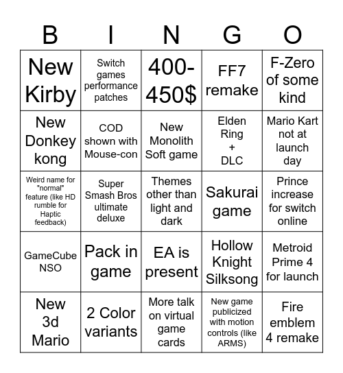 Switch 2 direct bingo Card