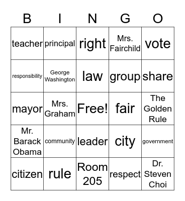 Social Studies Unit 1- Rules and Laws Bingo Card