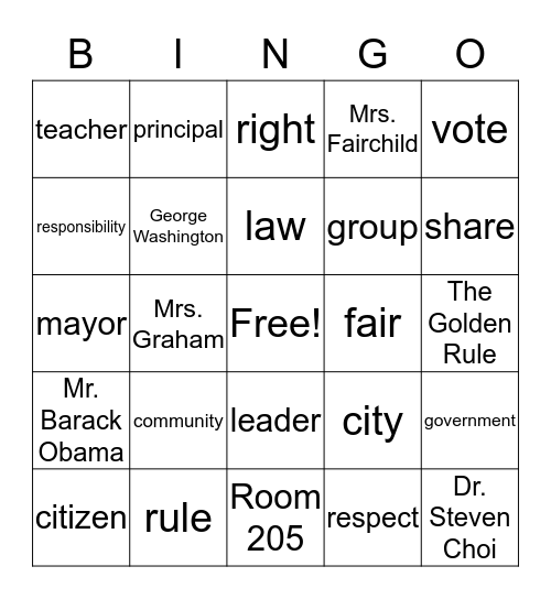 Social Studies Unit 1- Rules and Laws Bingo Card