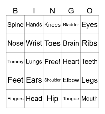 Whole Body Bingo Card
