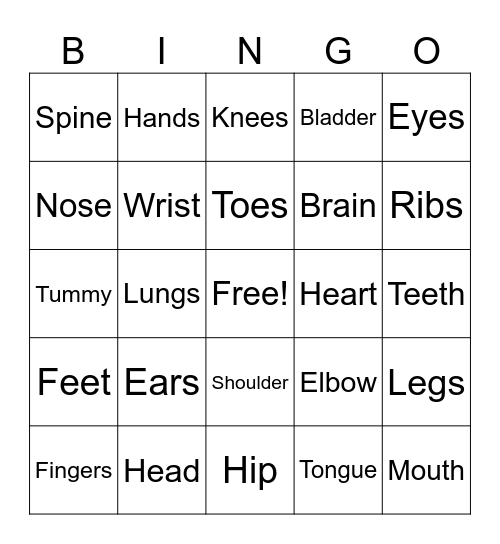 Whole Body Bingo Card