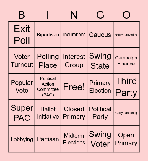 Political Parties, Voting, and Elections Bingo Card