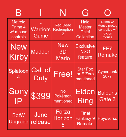 Switch 2 Direct Bingo Card