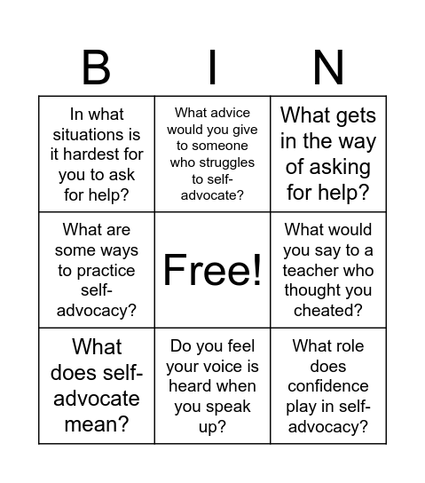 Self Advocacy Bingo Card