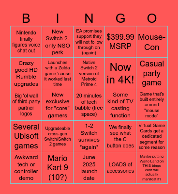 Nintendo Direct: Nintendo Switch 2 Bingo Card