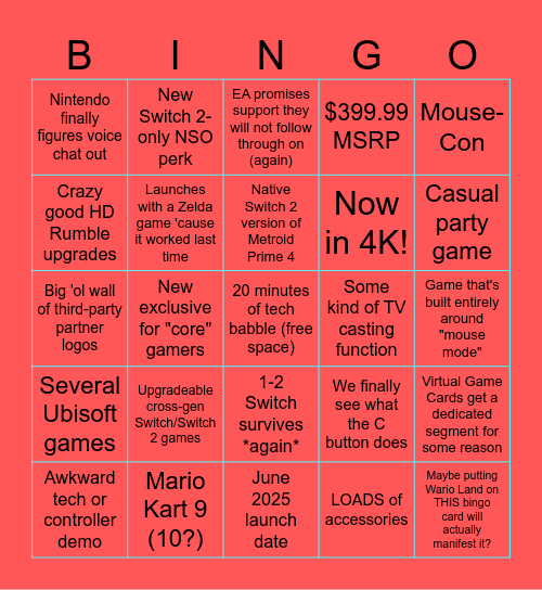 Nintendo Direct: Nintendo Switch 2 Bingo Card