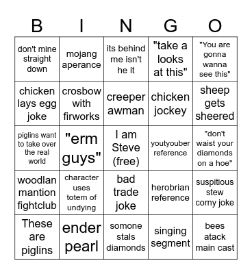 minecraft movie Bingo Card