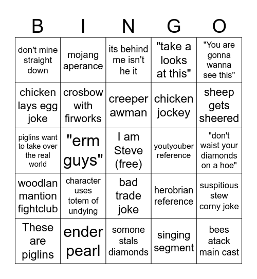 minecraft movie Bingo Card