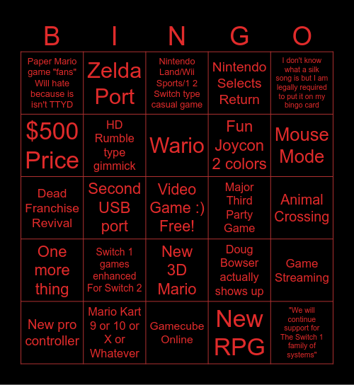 Switch Two BAY-BEE Bingo Card