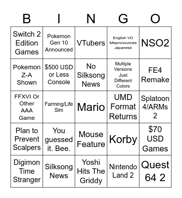 Switch 2 Direct Bingo Card