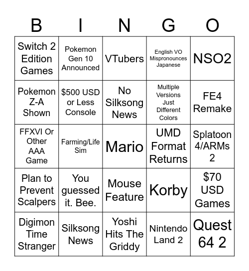 Switch 2 Direct Bingo Card