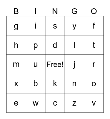 lowercase letters Bingo Card