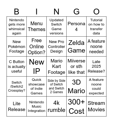 Realisitic Nintendo Switch 2 Bingo Card