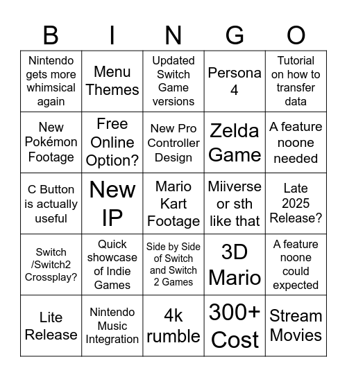 Realisitic Nintendo Switch 2 Bingo Card