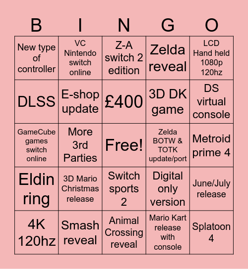 Switch 2 Direct Bingo Card