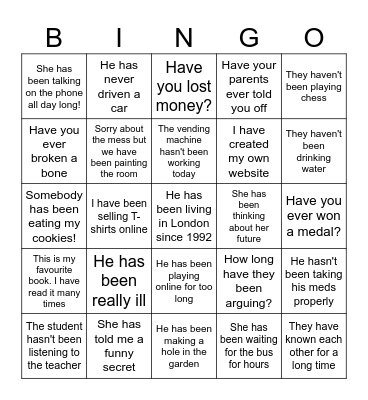 Present Perfect and Present Perfect Contijuous Tense Bingo Card