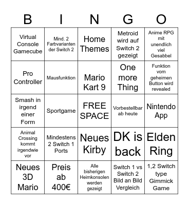 Nintendo Switch 2 Direct Bingo Card