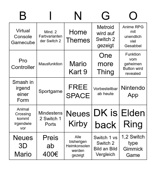 Nintendo Switch 2 Direct Bingo Card