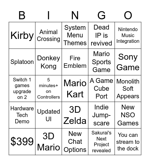 Switch 2 Bingo Card