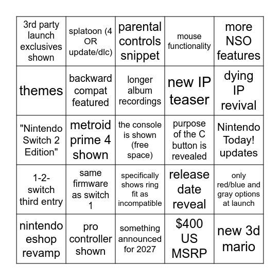 Nintendo Direct: Nintendo Switch 2 Bingo Card