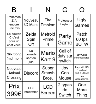 Nintendo Direct Switch 2 Bingo Card