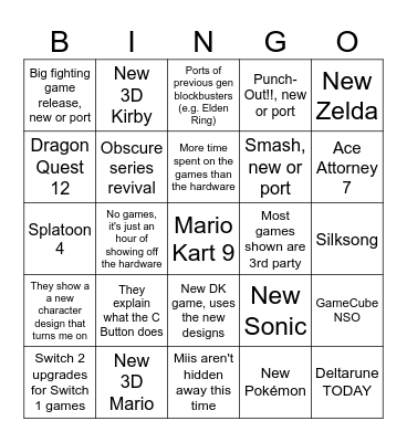 Bintendo Switch 2 Presentation Bingo Card