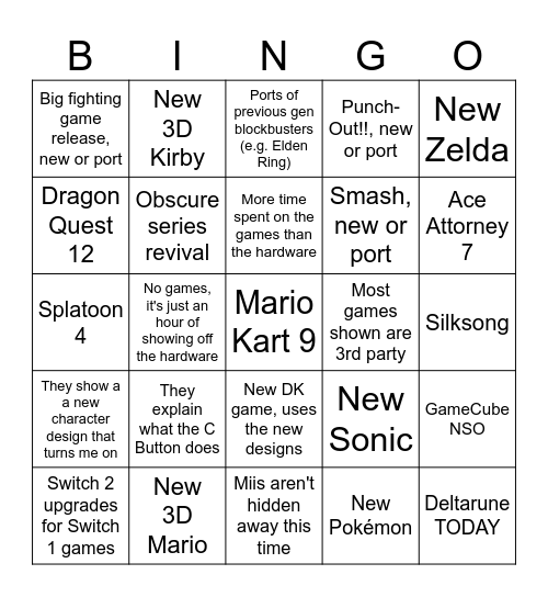 Bintendo Switch 2 Presentation Bingo Card