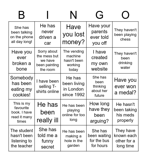 Present Perfect and Present Perfect Contijuous Tense Bingo Card