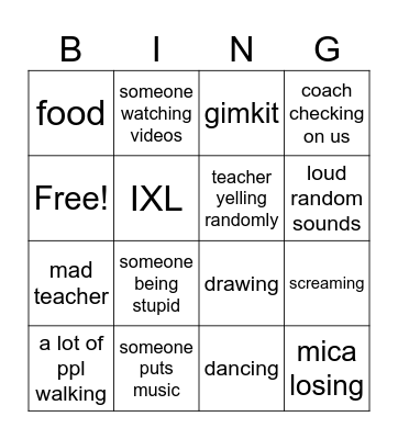 classroom bingo Card