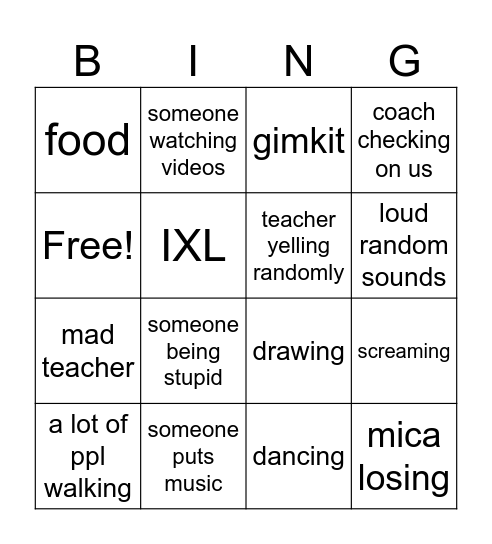 classroom bingo Card