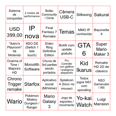 Nintendo Switch 2 Bingo Card