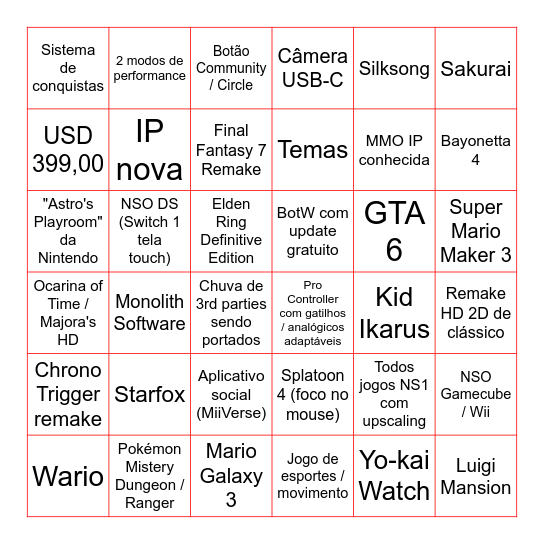 Nintendo Switch 2 Bingo Card