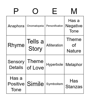 Poetry Bingo Card